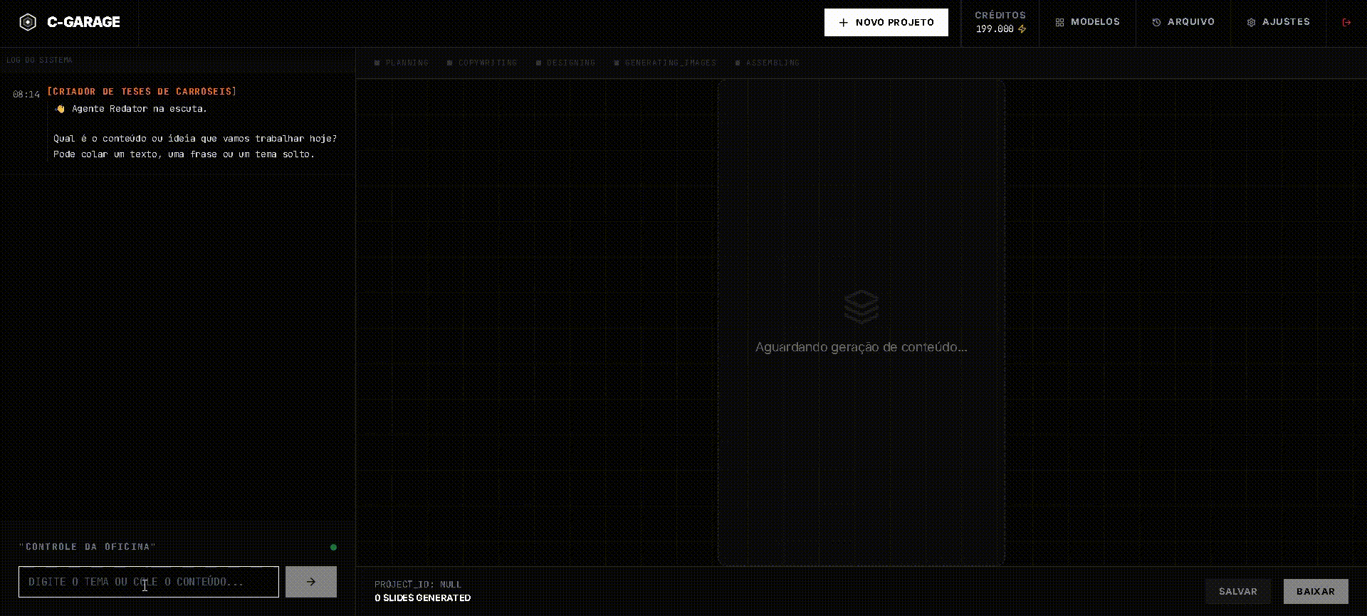 Demonstração do gerador de carrossel com IA C-Garage